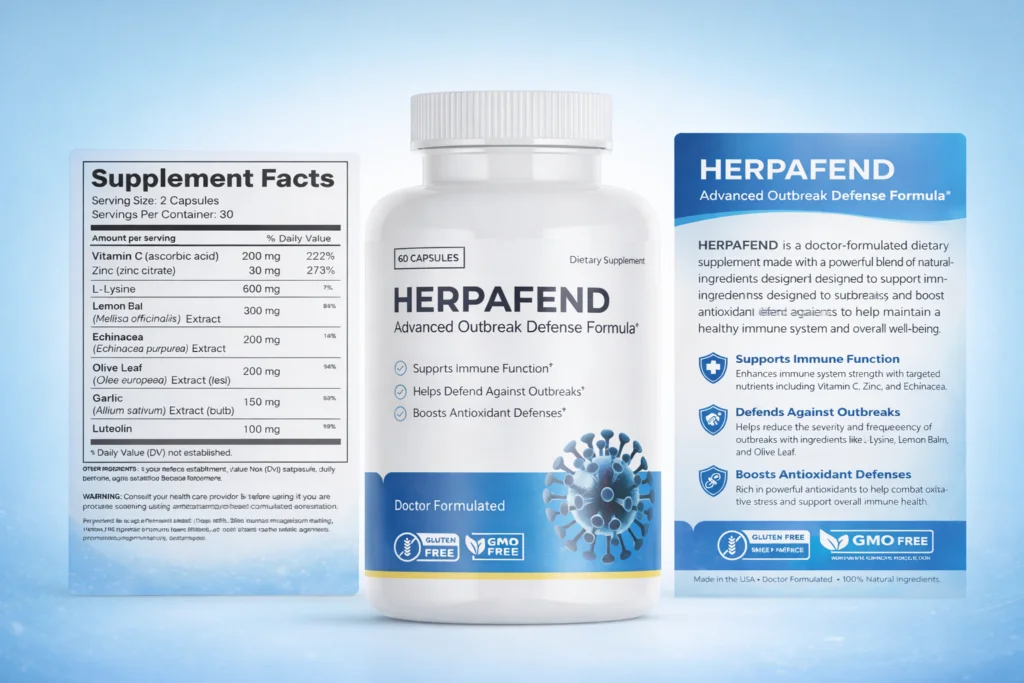 HerpaFend bottle with supplement facts label and product benefits