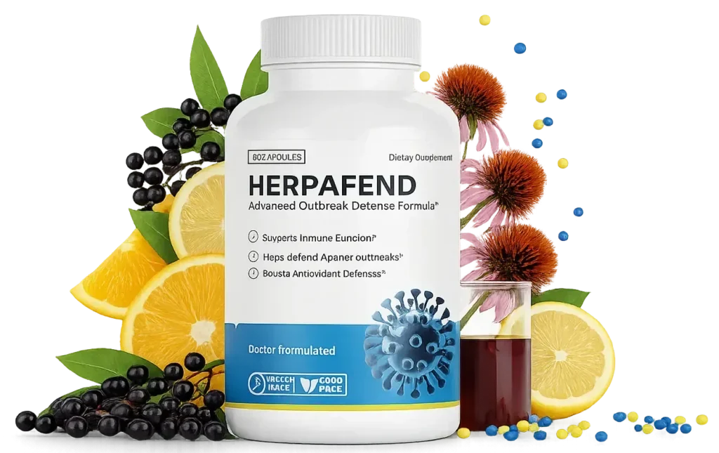 HerpaFend bottle surrounded by natural ingredients: elderberry, lemon, echinacea